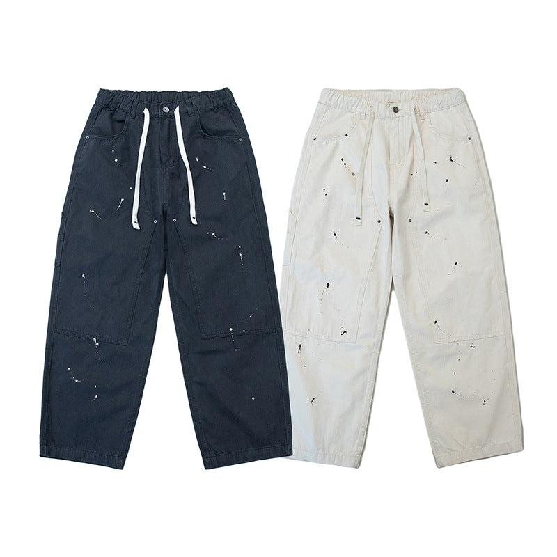 Unisex Wide Canvas Pants with Elastic Waistband, Drawstring, and Paint Splatter Details Chichicherry