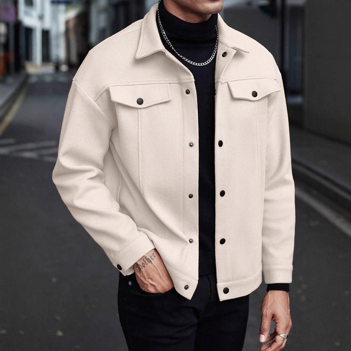 Men's Overshirt Jacket in Trucker Style with Wool Blend Look and Snap Buttons Chichicherry