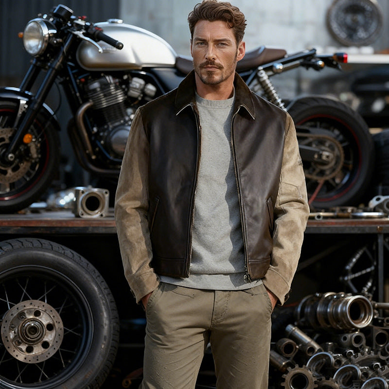 Men's leather jacket with cord sleeves, shirt collar and full zip Chichicherry