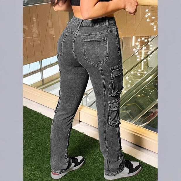 Women’s cargo denim pants with multiple flap pockets, knee panels, and high-waisted fit Chichicherry
