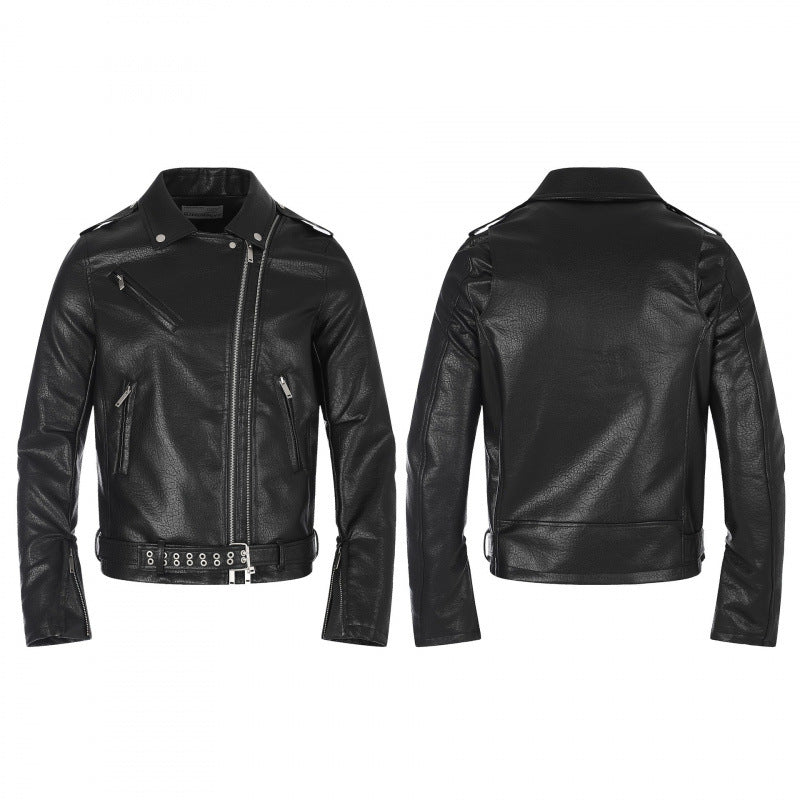 Men's biker jacket in leather look with asymmetrical zipper, studded waist belt and zip sleeves Chichicherry