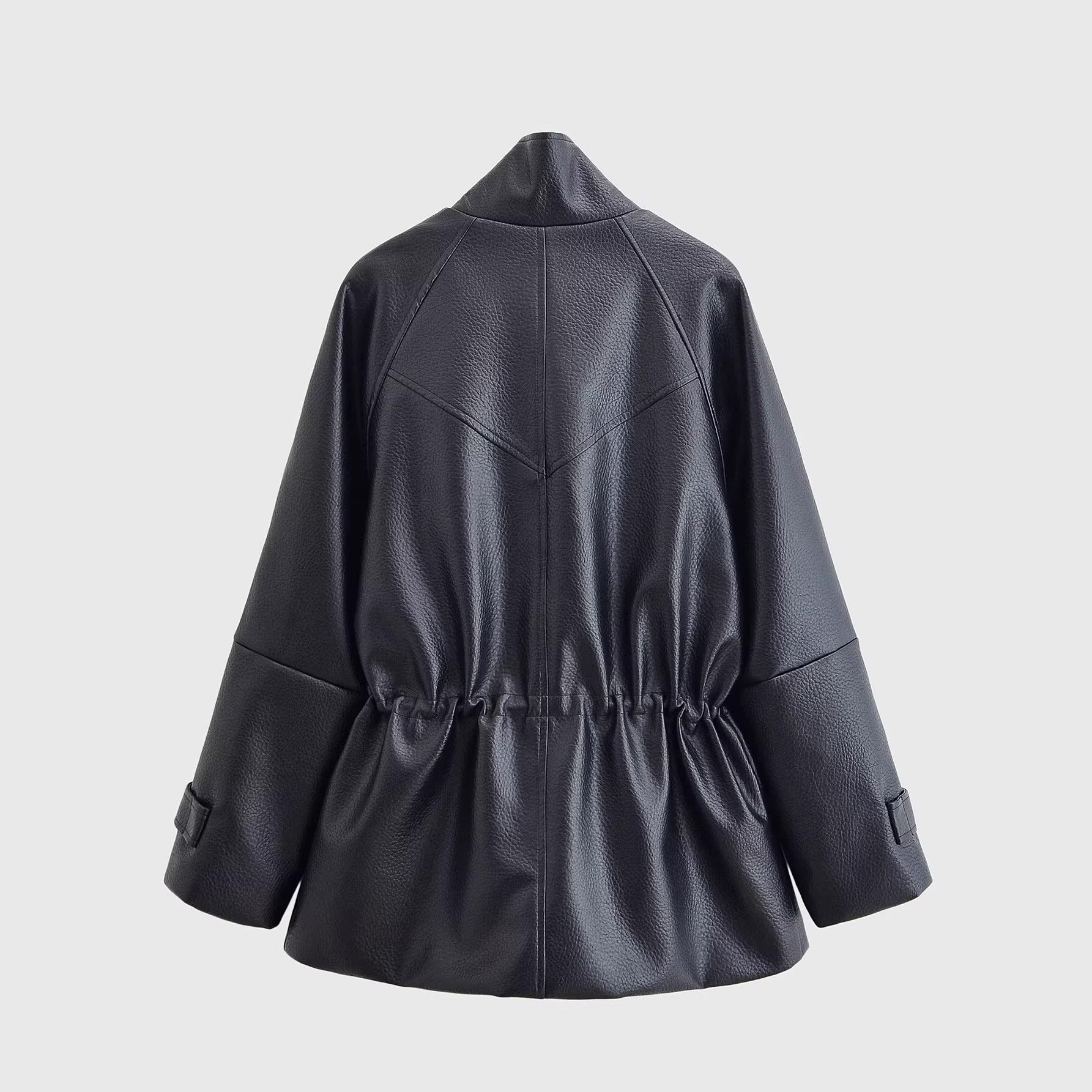 Women's Oversized Faux Leather Jacket with Stand Collar, Waist Drawstring and Patch Pockets Chichicherry