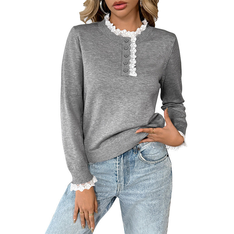 Ladies Fine Knit Sweater with Lace Collar, Henley Button Placket and Ribbed Cuffs Chichicherry