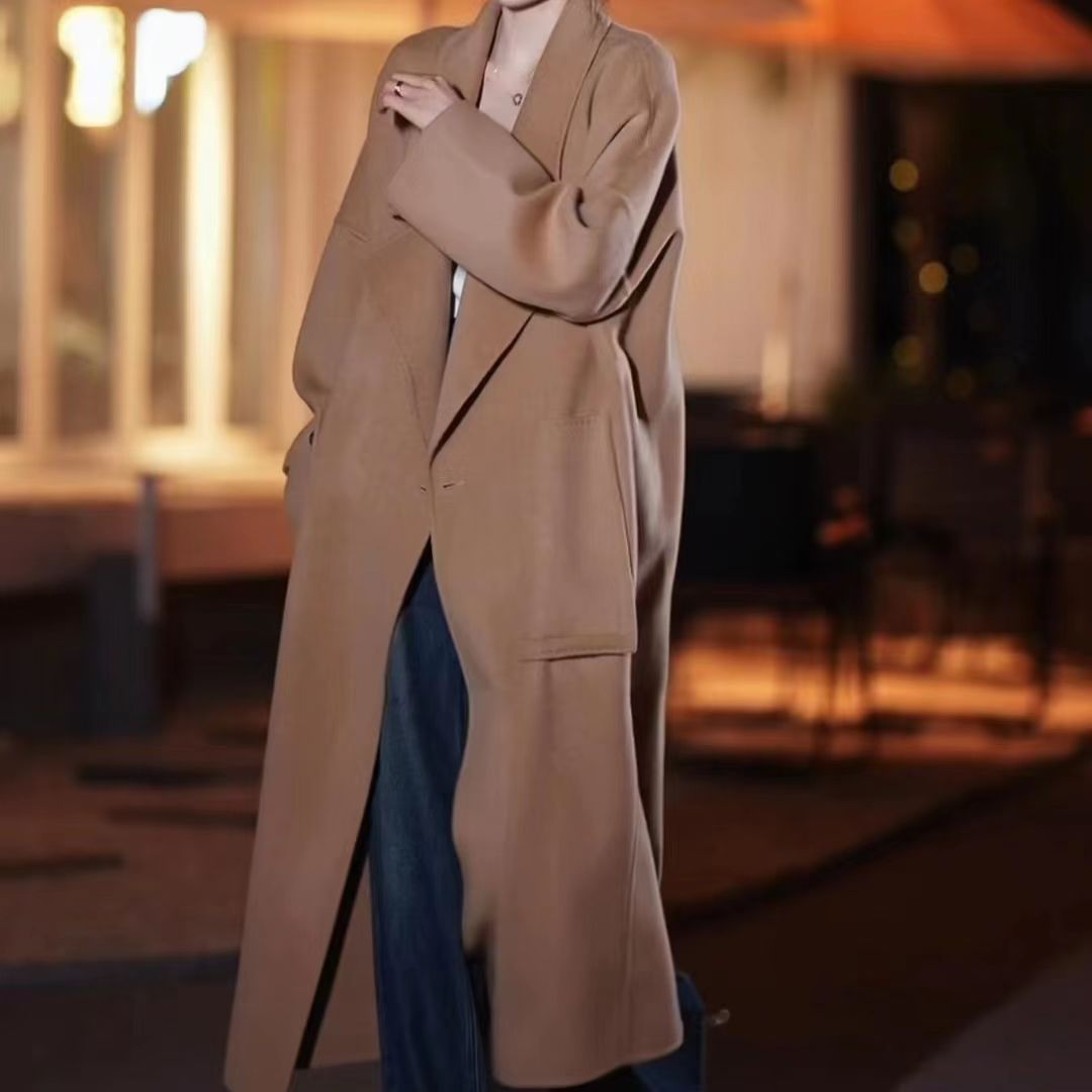 Women's Oversized Wool Blend Coat with Open Cut and Deep Inset Pockets Chichicherry