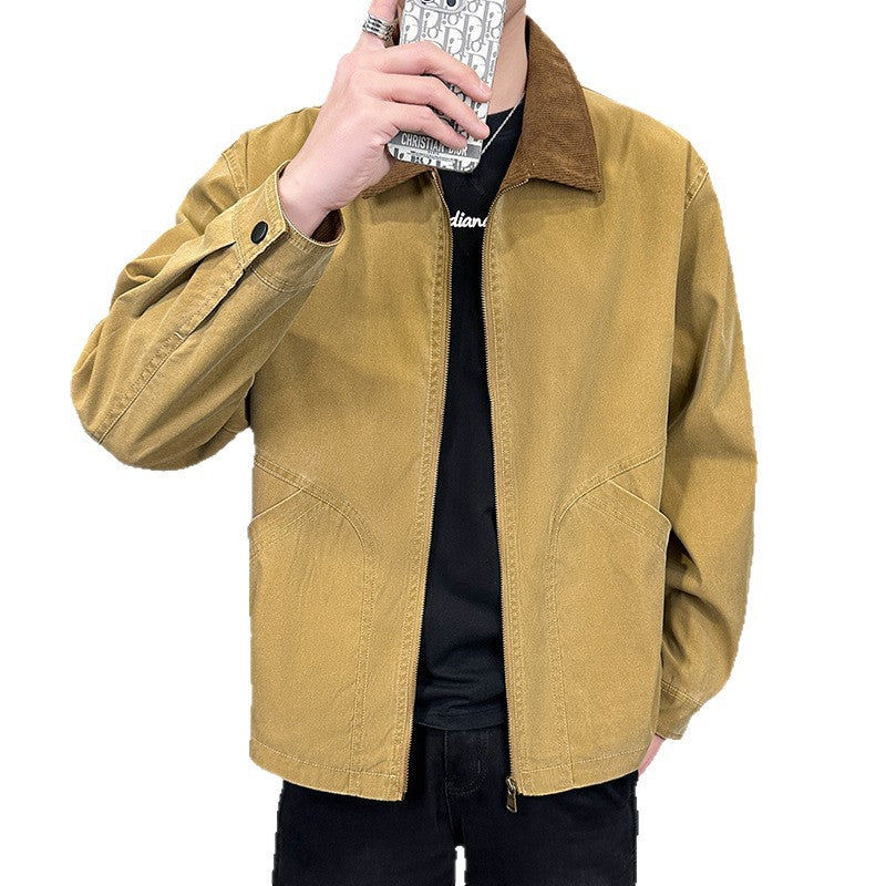 Men's canvas field jacket with cord collar, full-length zipper, and ergonomic seam details Chichicherry