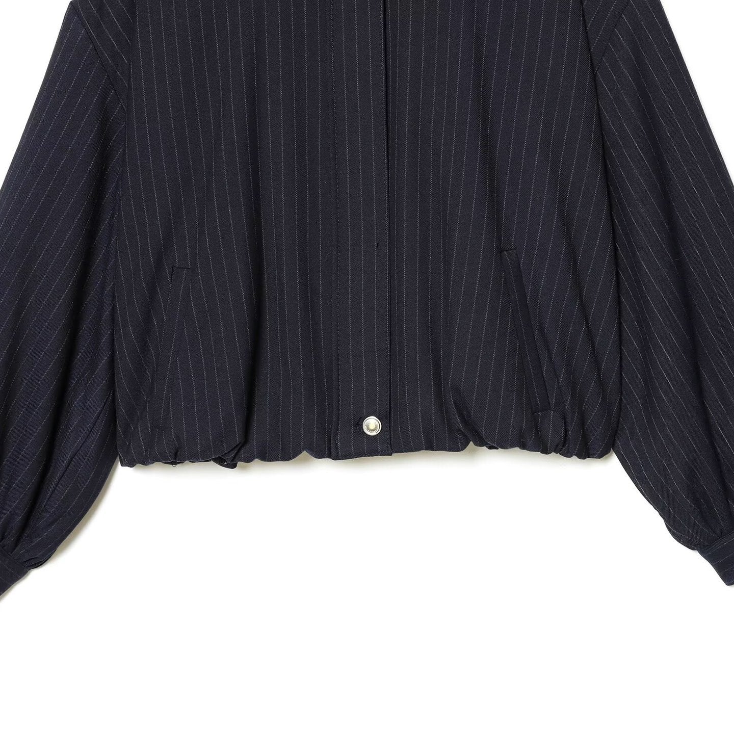 Ladies Short Pinstripe Blouson Jacket with Stand Collar, Balloon Sleeves and Elastic Hem Chichicherry