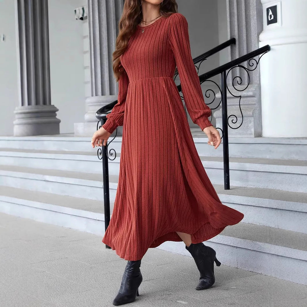 Women's Ribbed Midi Dress with Tailored Cut and Long Balloon Sleeves Chichicherry