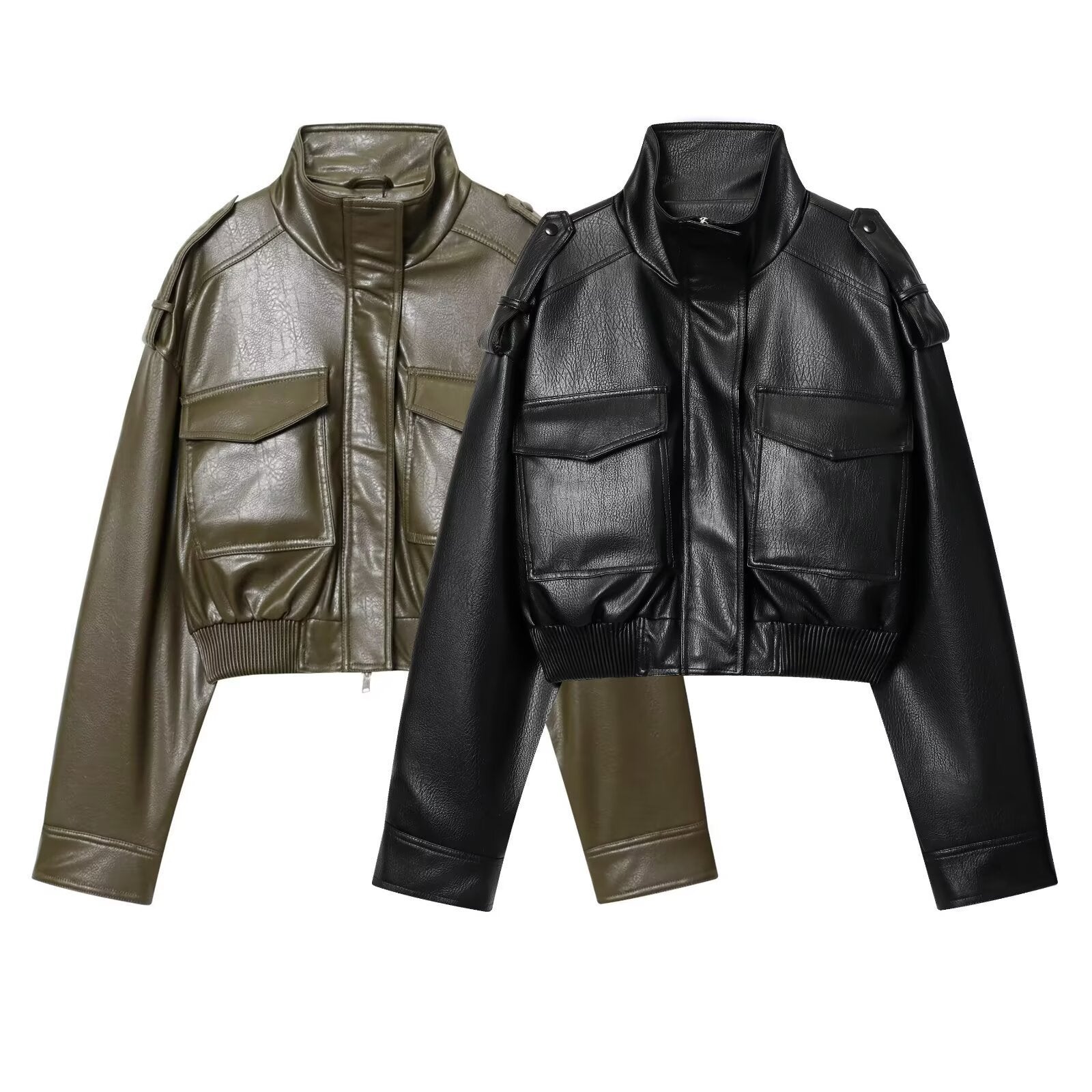 Women's short cut blouson jacket made of vegan leather with shoulder flaps and flap pockets Chichicherry