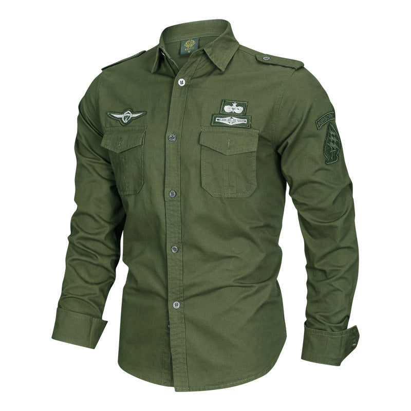 Men's military shirt with shoulder epaulets, applied chest pockets, and badge applications Chichicherry