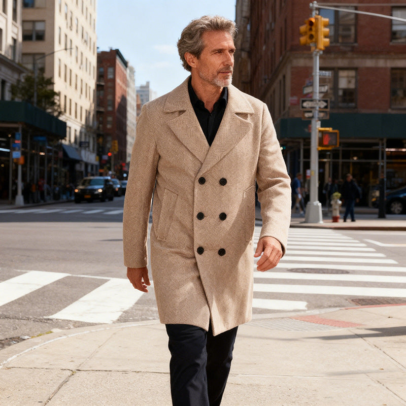 Men's Double-Breasted Herringbone Wool Blend Car Coat with Tailored Fit and Quilted Thermal Lining Chichicherry