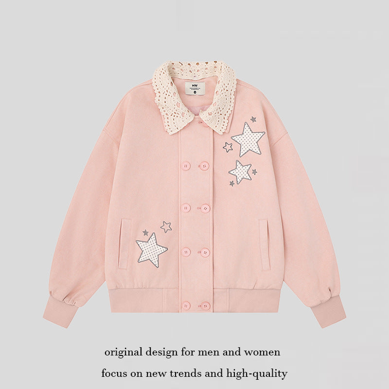 Women's buttoned oversized sweat jacket with crocheted collar and star appliqués Chichicherry