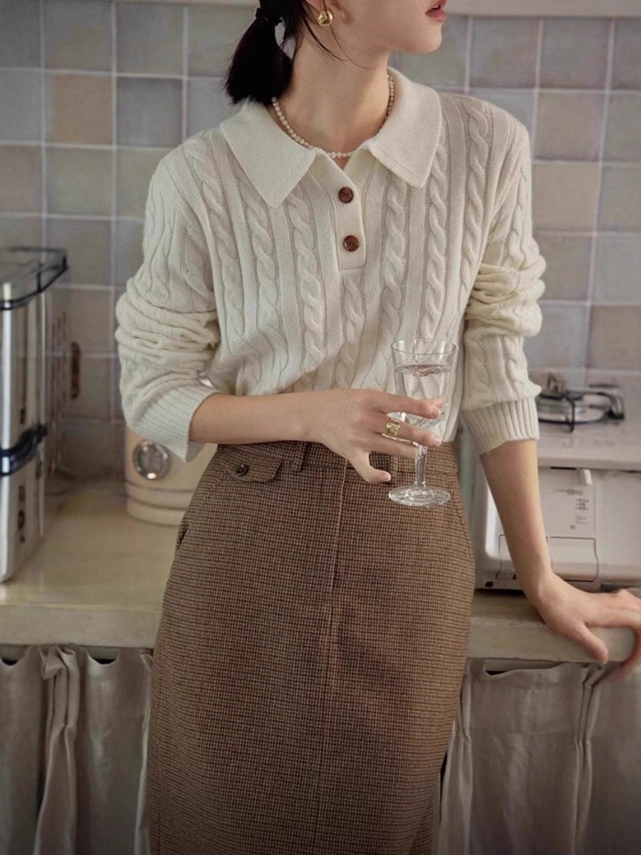 Women Polo Collar Cable Knit Sweater with Half Button Placket Chichicherry