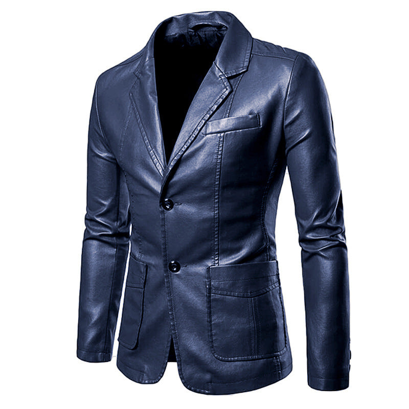 Men's faux leather blazer jacket slim fit with lapel collar and patch pockets Chichicherry