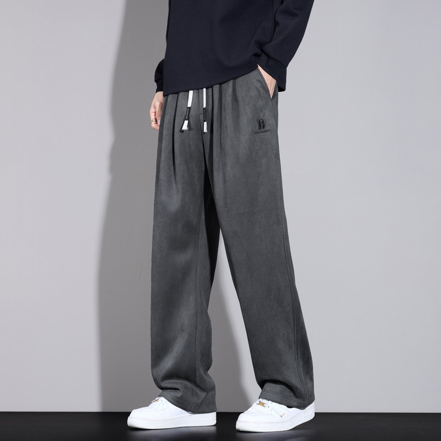 Men's casually cut pleated trousers with drawstring, wide leg and velour look Chichicherry