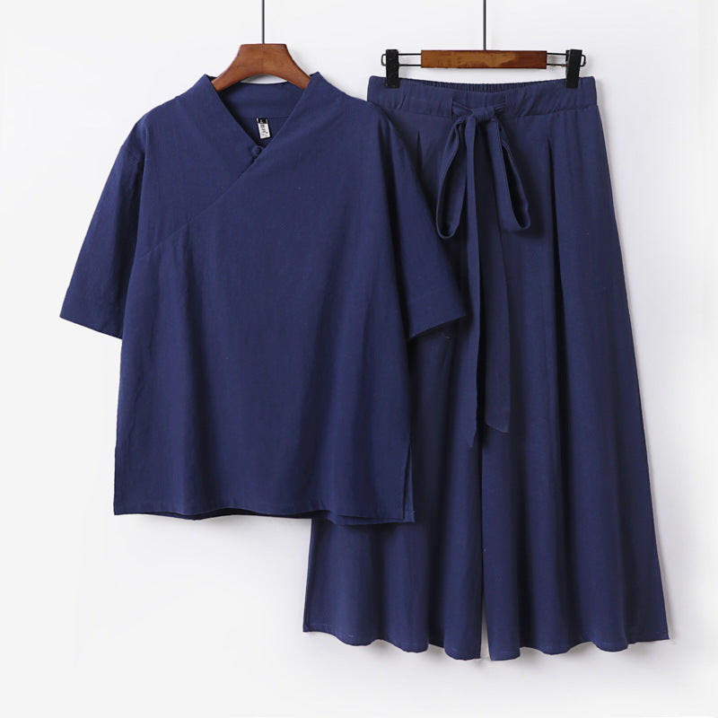 Women's Loose Kimono Loungewear Set with V-Neck and Culotte Pants Chichicherry