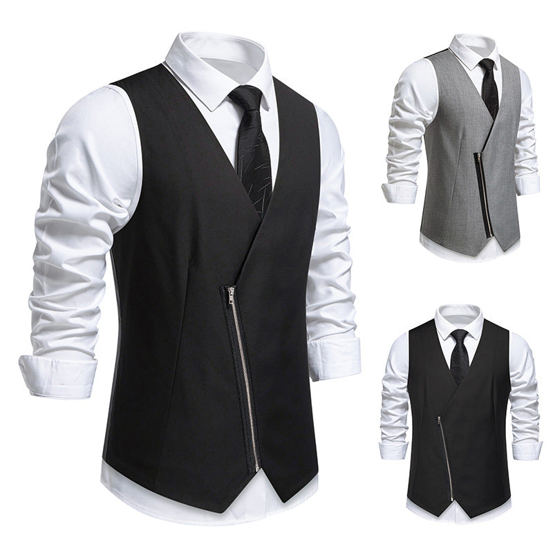 Men's Tailored Vest with Asymmetric Zipper and V-Neck Chichicherry