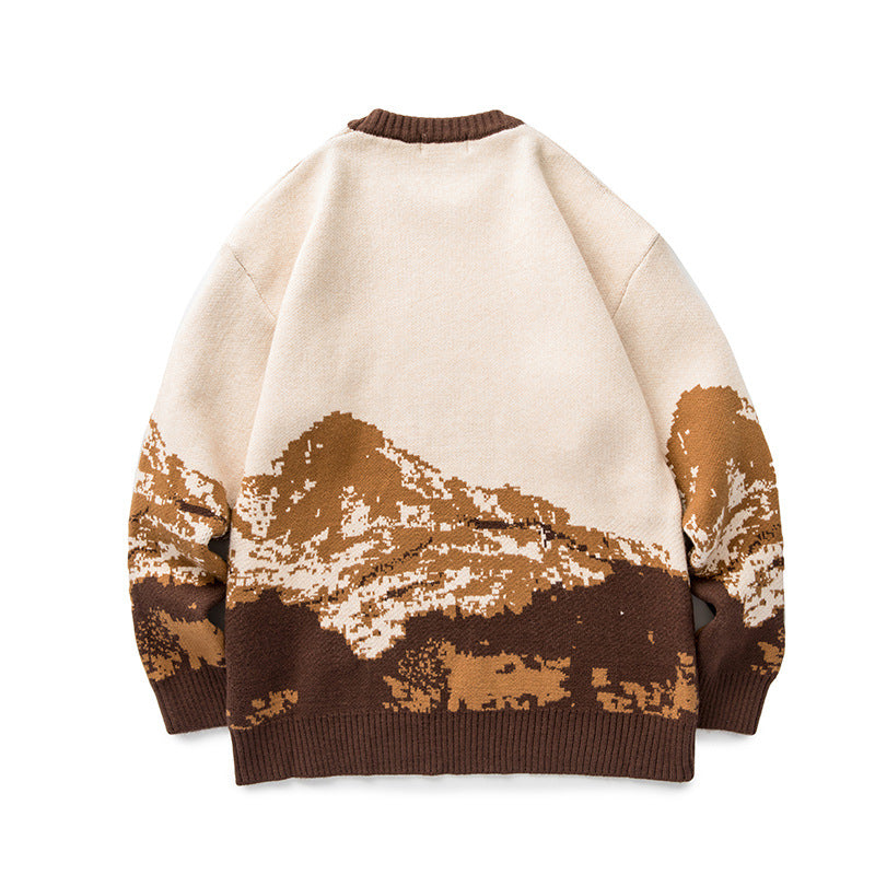 Unisex Oversized knit sweater with mountain jacquard and ribbed round neckline Chichicherry