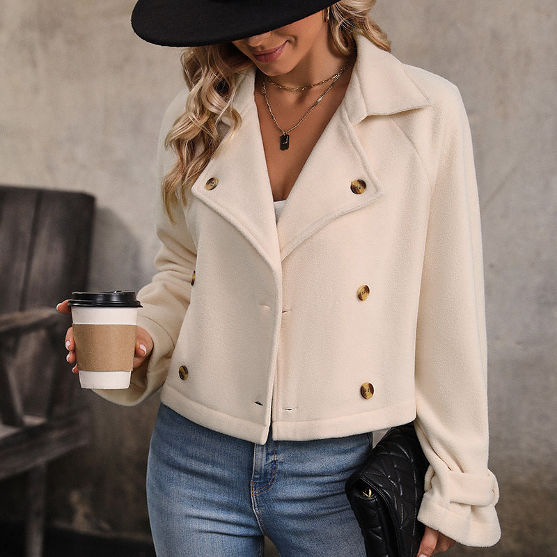 Women's Short Jacket Double-Breasted Wool Blend with Notched Collar and Rolled-Up Sleeves Chichicherry