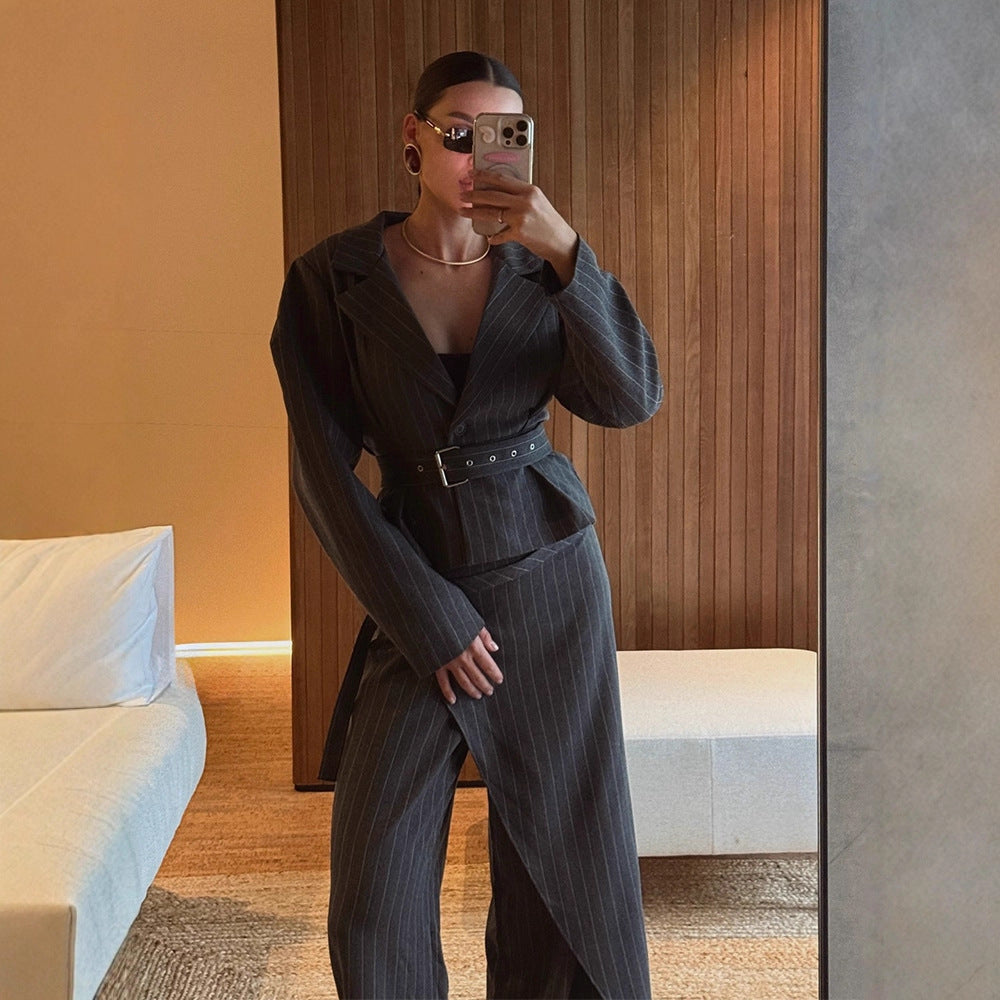 Women's Tailored Pinstriped Blazer with Shoulder-Emphasizing Balloon Sleeves and Waist Belt Chichicherry