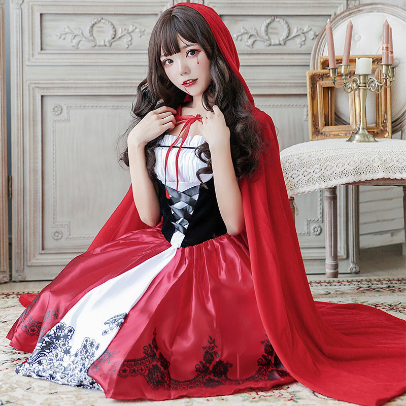 Women Fairy Tale Little Red Riding Hood Costume with Voluminous Overskirt and Hood Chichicherry