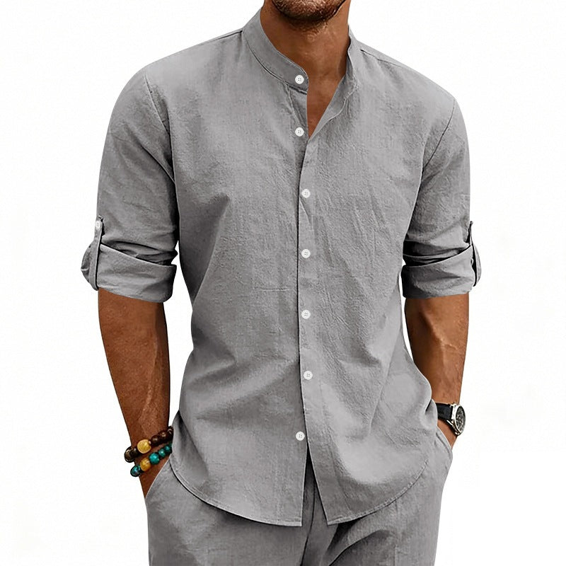 Men's Modern Linen Blend Shirt with Stand Collar, Roll-up Sleeves and Narrow Placket Chichicherry