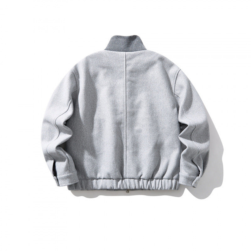 Unisex Boxy-Wool Blend Jacket with Stand-Up Collar and Elastic Hem Chichicherry