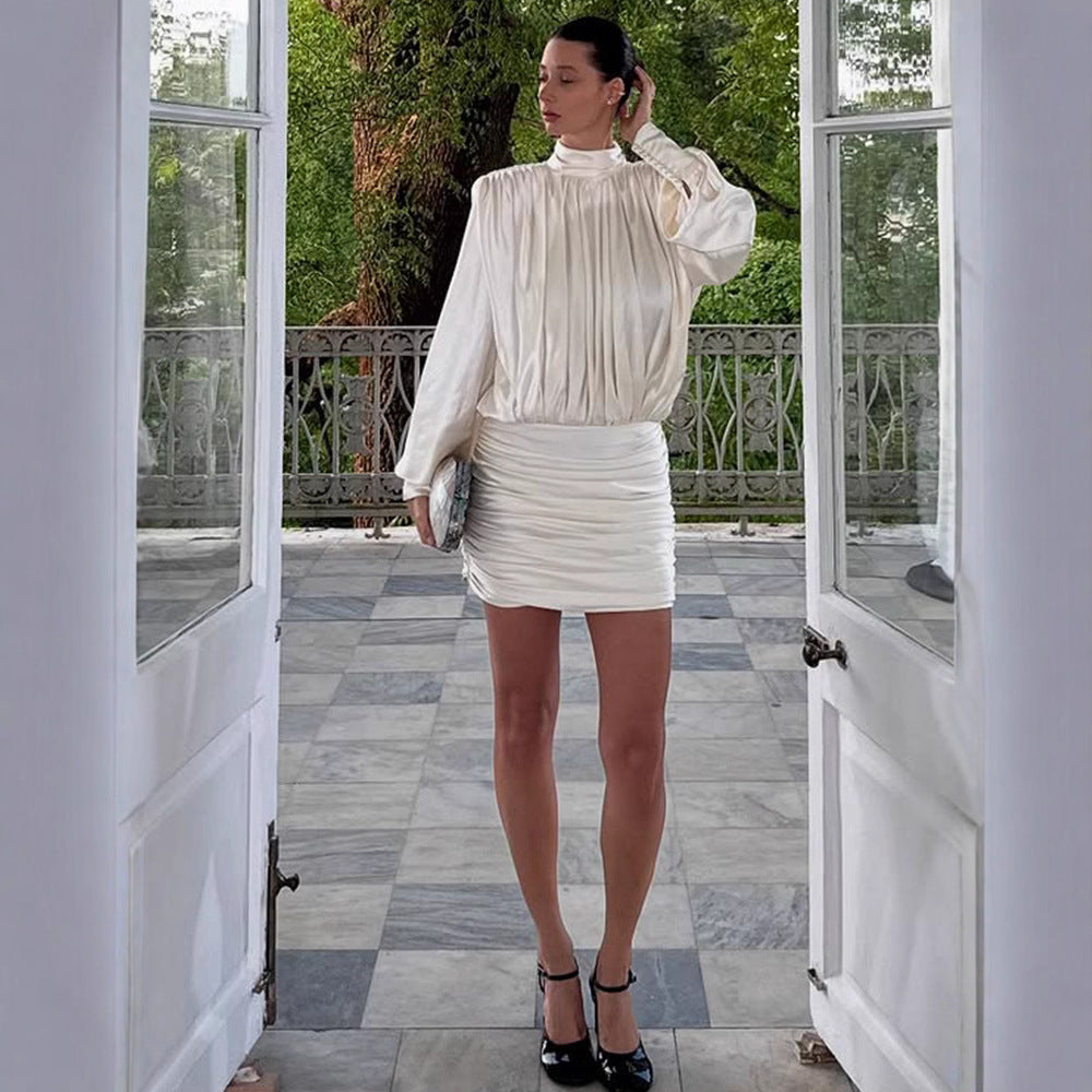 Ladies Elegant Draped Mini Dress with Stand Collar, Balloon Sleeves and Ruched Skirt Chichicherry