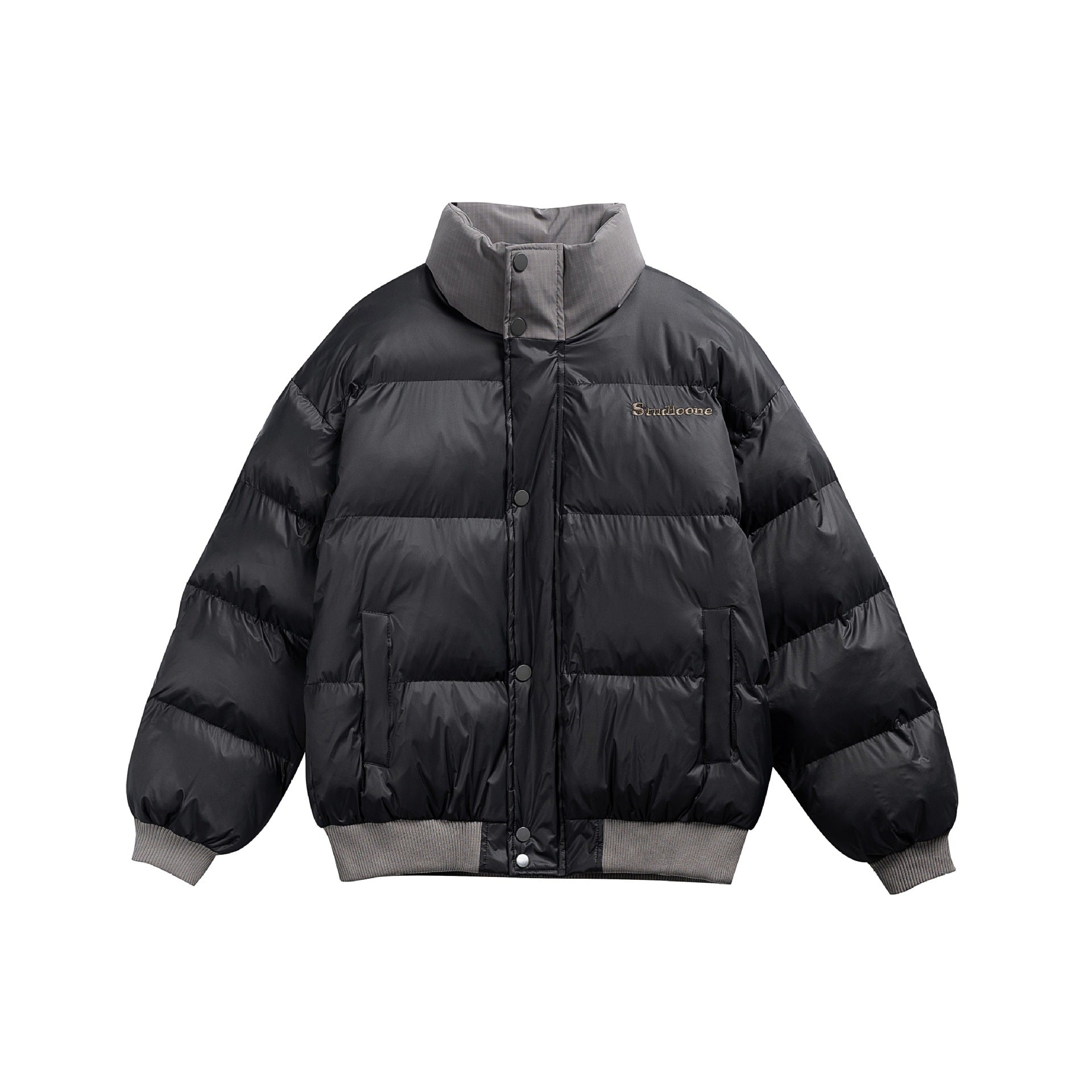 Unisex Short Cut Ultrathin Down Look Puffer with High Standing Collar and Ribbed Cuff Chichicherry