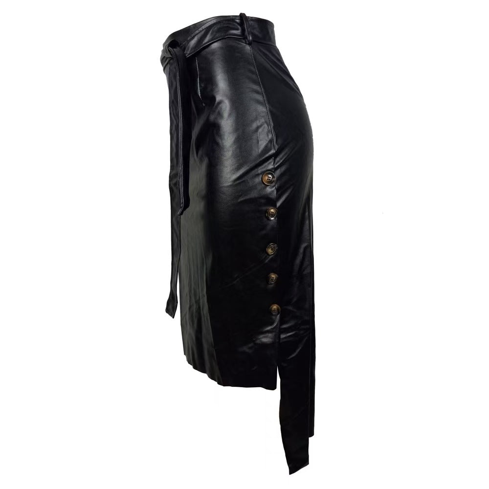 Women's Tailored Pencil Skirt in Faux Leather with Tie Belt Chichicherry
