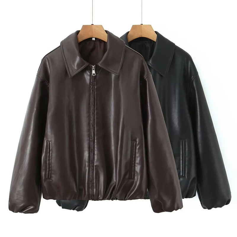 Women's Oversize Faux Leather Bomber with Shirt Collar, Concealed Zipper and Balloon Sleeves Chichicherry