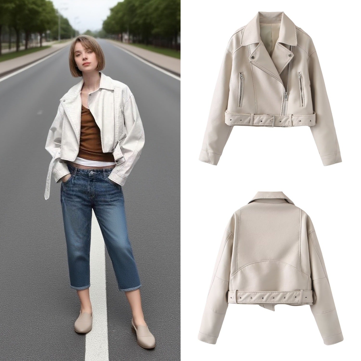 Women's short biker jacket made of soft synthetic leather with waist belt Chichicherry