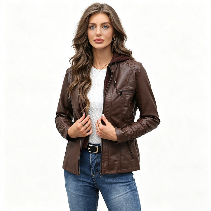 Women Tailored Faux Leather Jacket with Removable Hood and Zipper Chichicherry