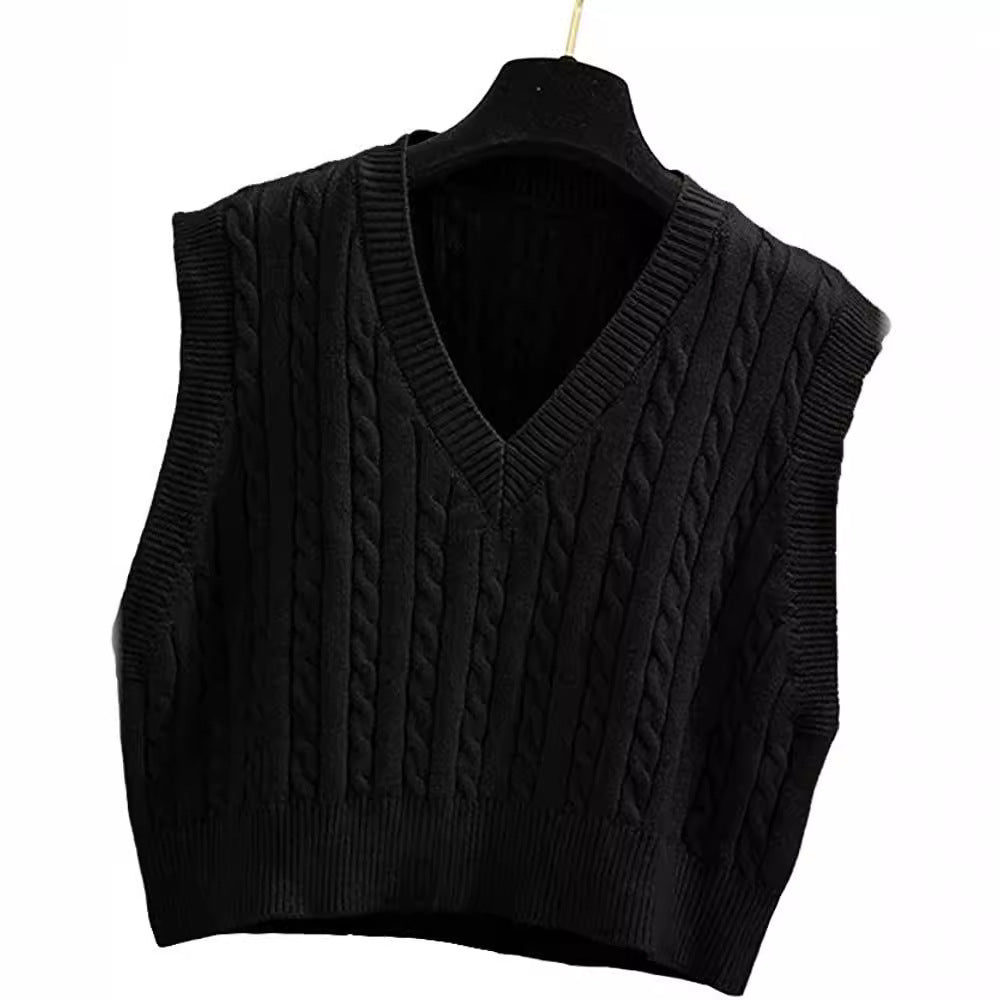 Women Knitted Sleeveless Cable Knit Sweater Vest with V-Neck Chichicherry