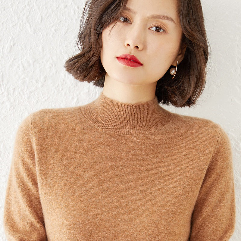 Women Luxurious Cashmere Fine Knit Sweater with Stand-up Collar Chichicherry
