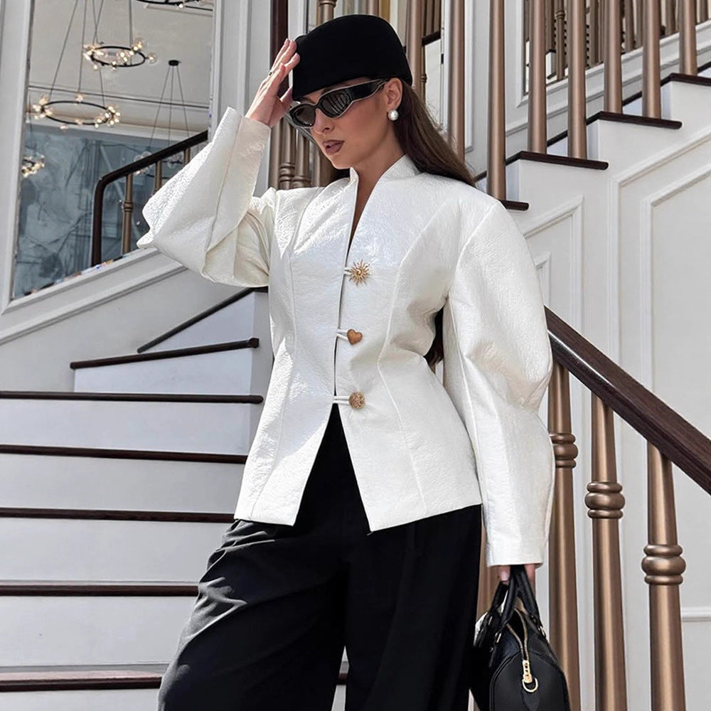 Women's Tailored Blazer Suit with Sculptural Balloon Sleeves and Mini Skirt Chichicherry