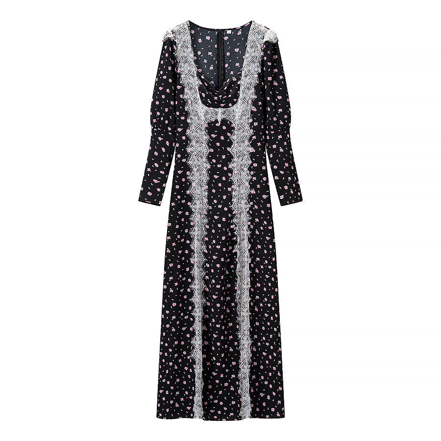 Women’s Maxi Dress with Lace Trim and Floral Allover Print Chichicherry