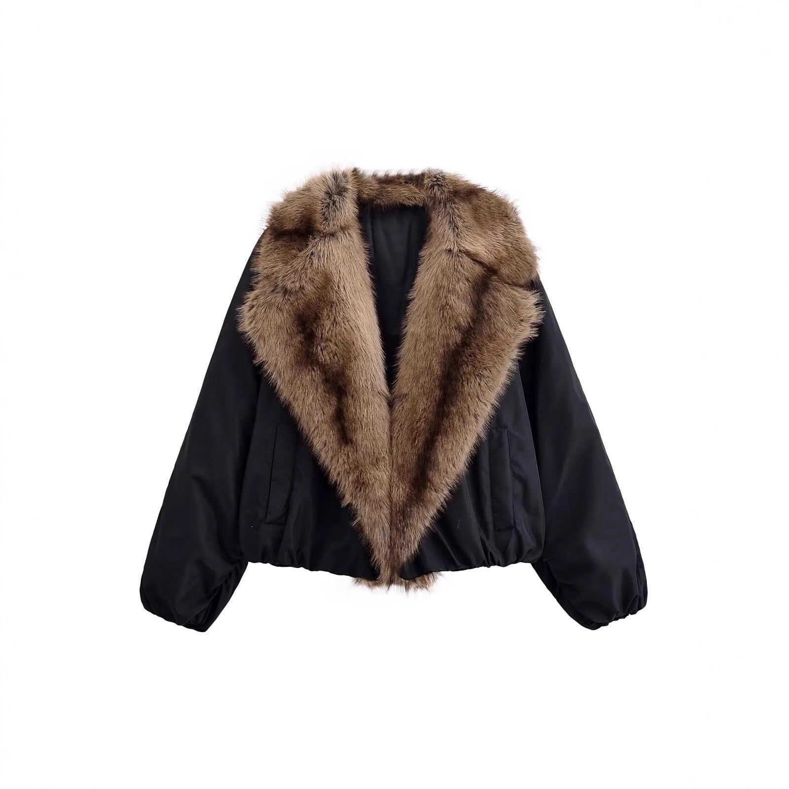 Ladies Short Quilted Bomber Jacket with Voluminous Faux Fur Shawl Collar Chichicherry