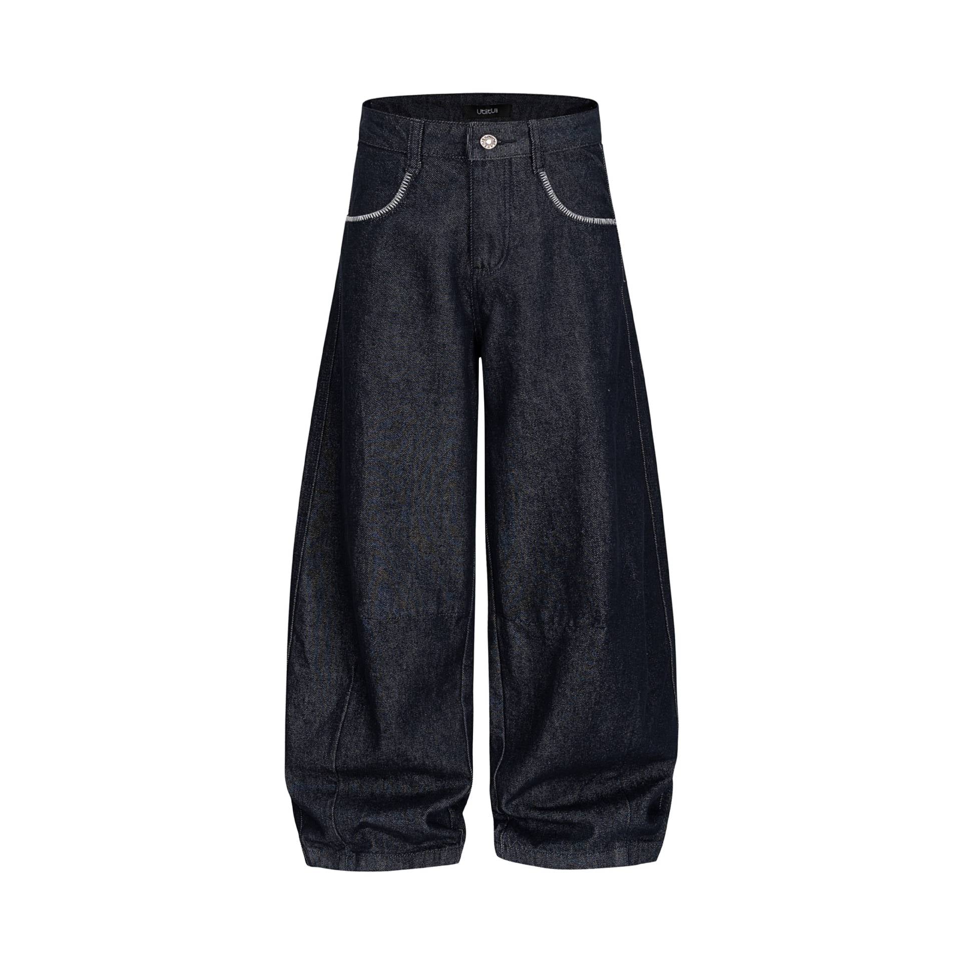 Women's wide denim culotte-style trousers with a high waist and elastic hem.