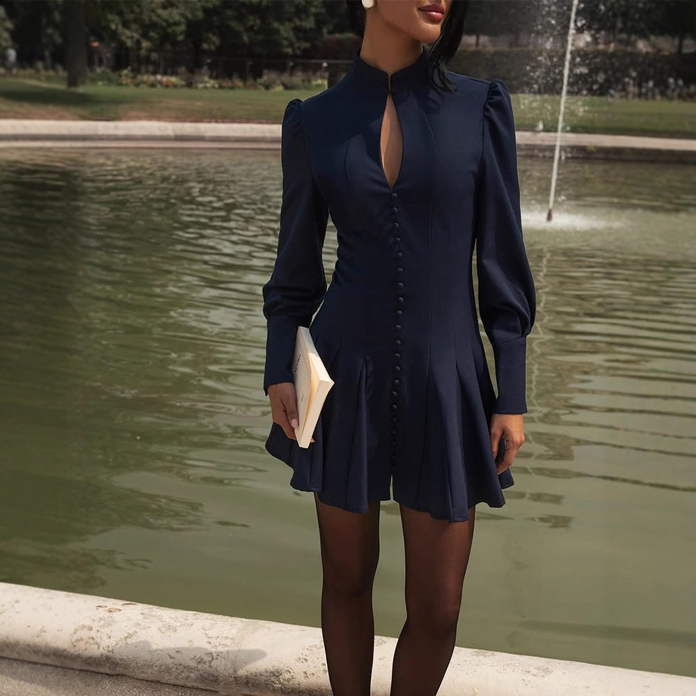 Women's Tailored Skater Mini Dress with Stand Collar, Button Placket and Keyhole Detail Chichicherry