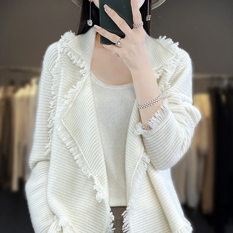 Women Long Fringe Knit Cardigan with Large Shawl Collar and Fine Rib Structure Chichicherry