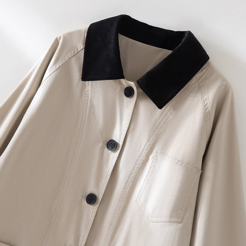 Women's Oversized Cotton Utility Jacket with Contrast Collar and Patch Pockets Chichicherry