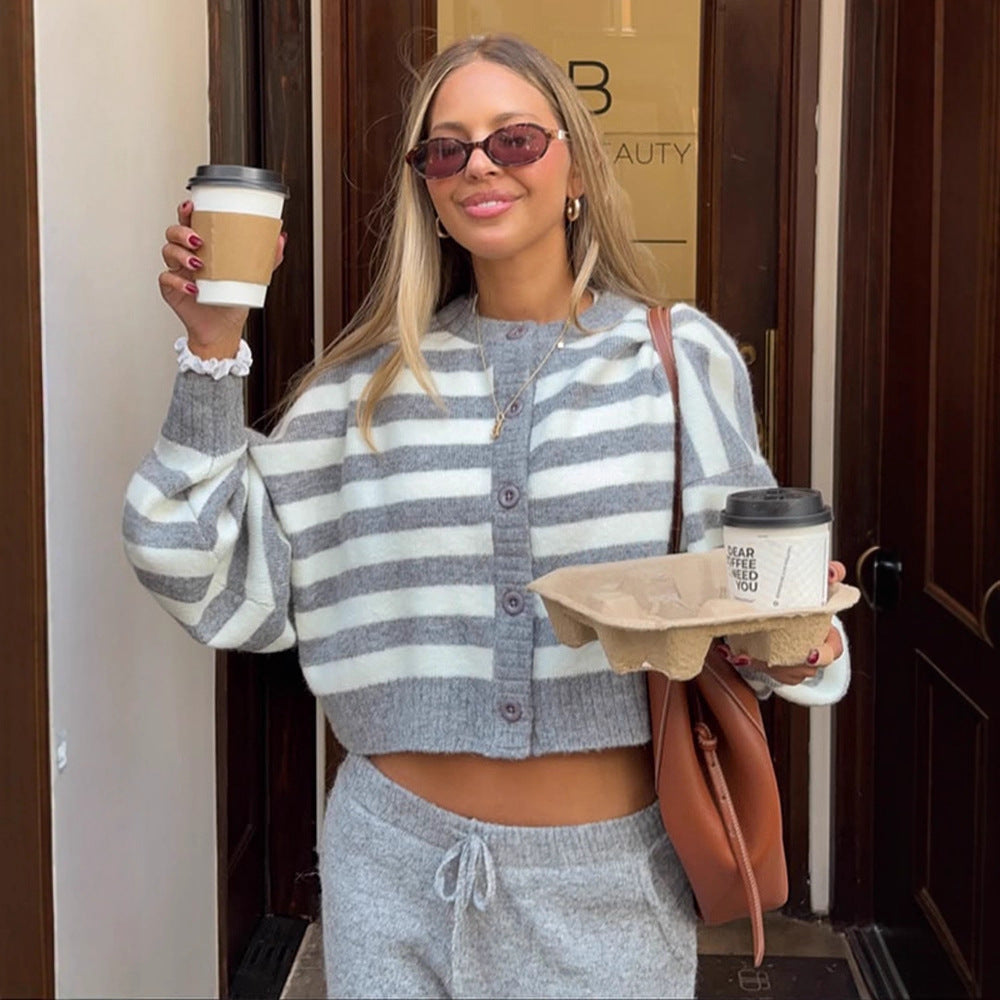 Ladies cropped knit set with striped button jacket, balloon sleeves, and high-waist jogger Chichicherry