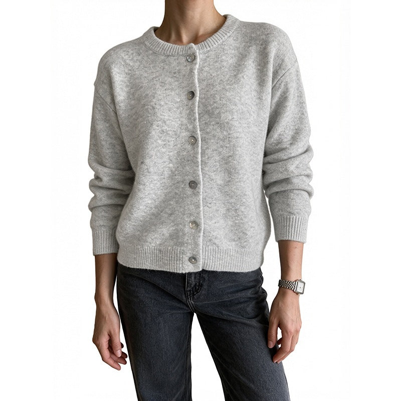 Women's Cropped Cozy Knit Cardigan with Round Neck, Pearl Button Placket, and Ribbed Finishes Chichicherry