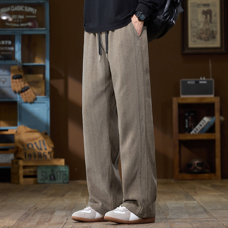 Men's Wide-Cut Lounge Pants made of Ribbed Structured Fabric with Elastic Waistband and Drawstring Chichicherry