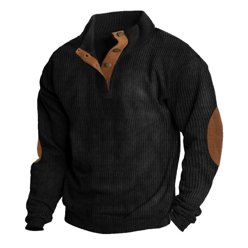 Men's Structured Sweater with Henley Button Placket, Elbow Patches and Two-Tone Block Chichicherry