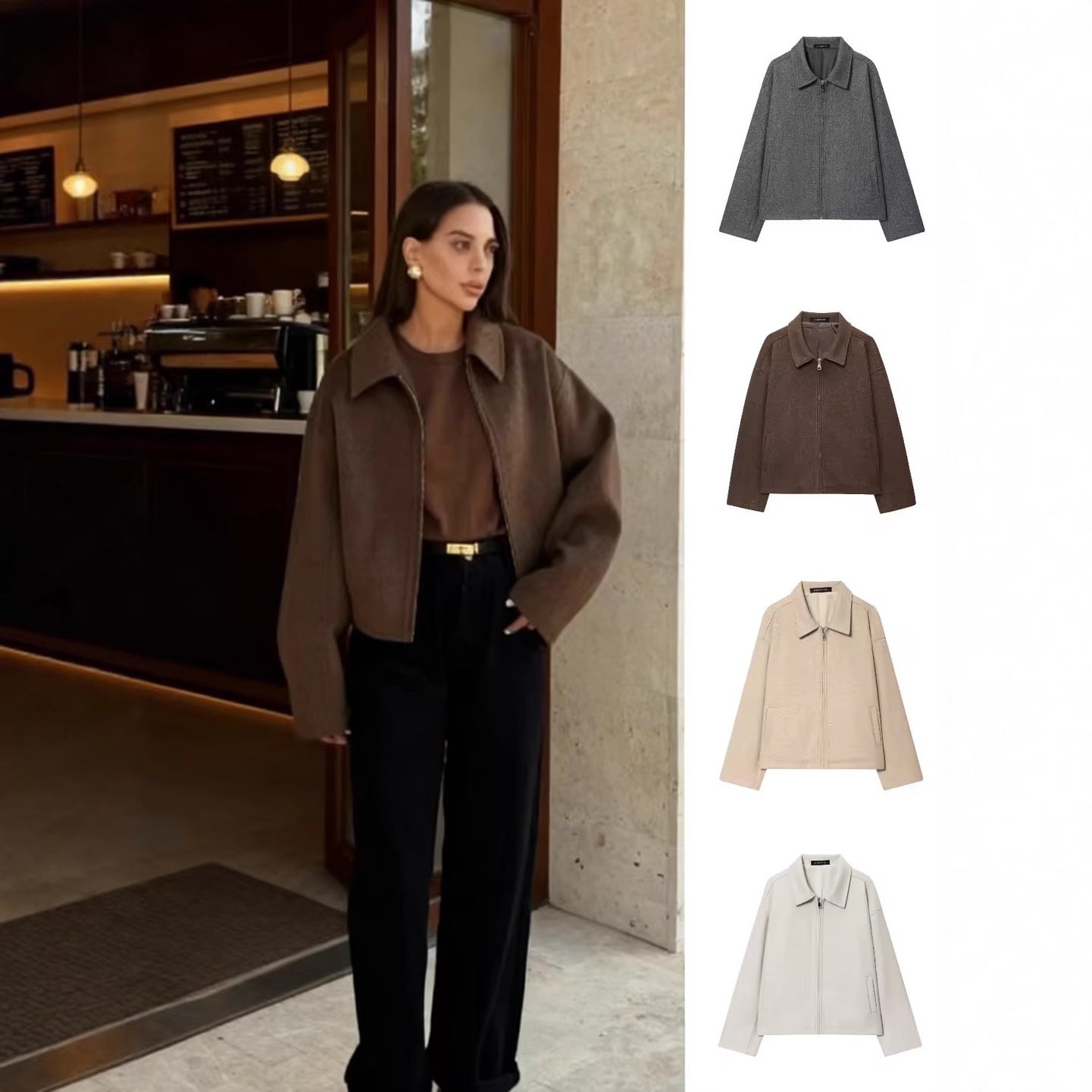 Women Boxy Wool Blend Blouson Jacket with Zipper and Shirt Collar Chichicherry