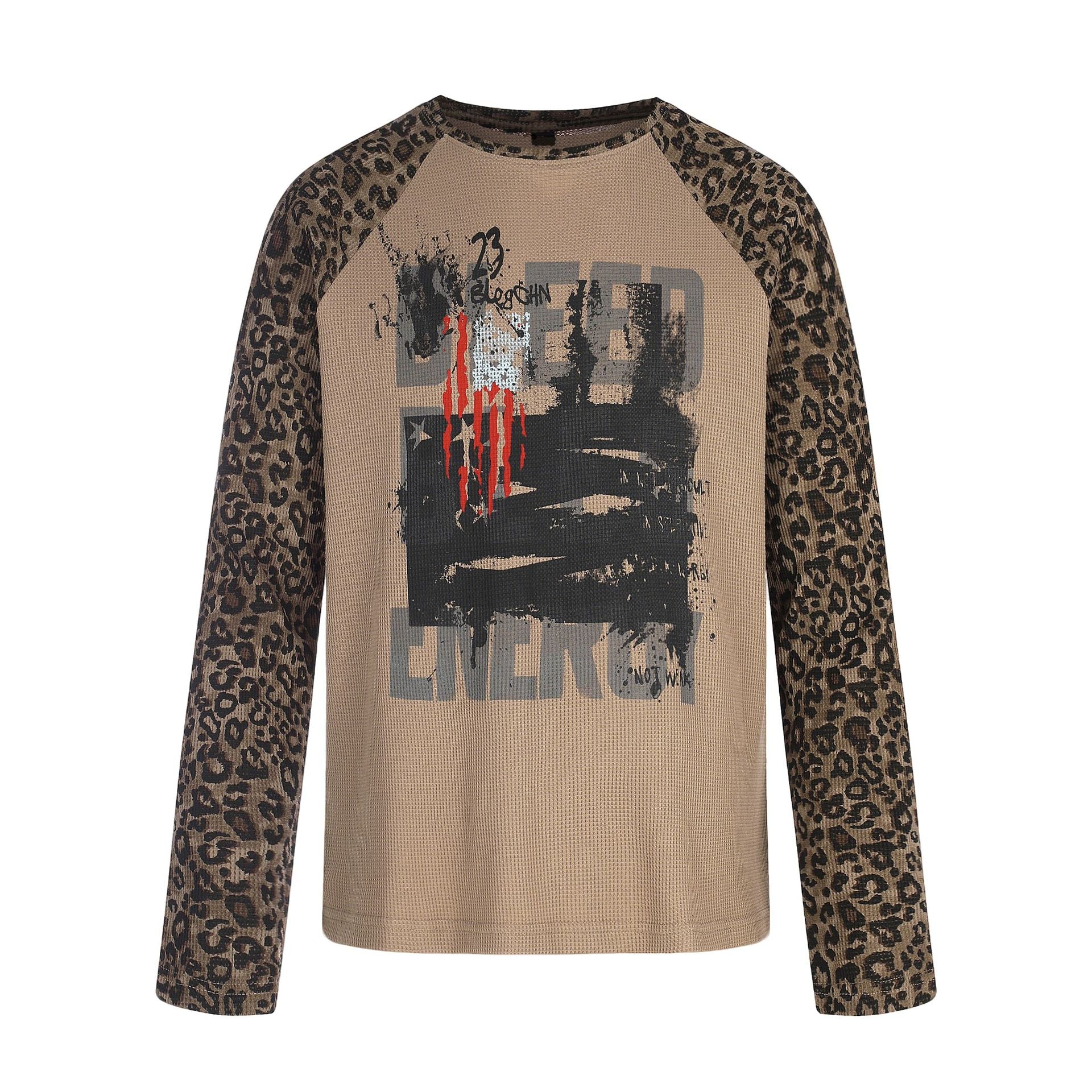 Women's Long Sleeve Shirt in Baseball Style with Leopard Sleeves and Graphic Print Chichicherry