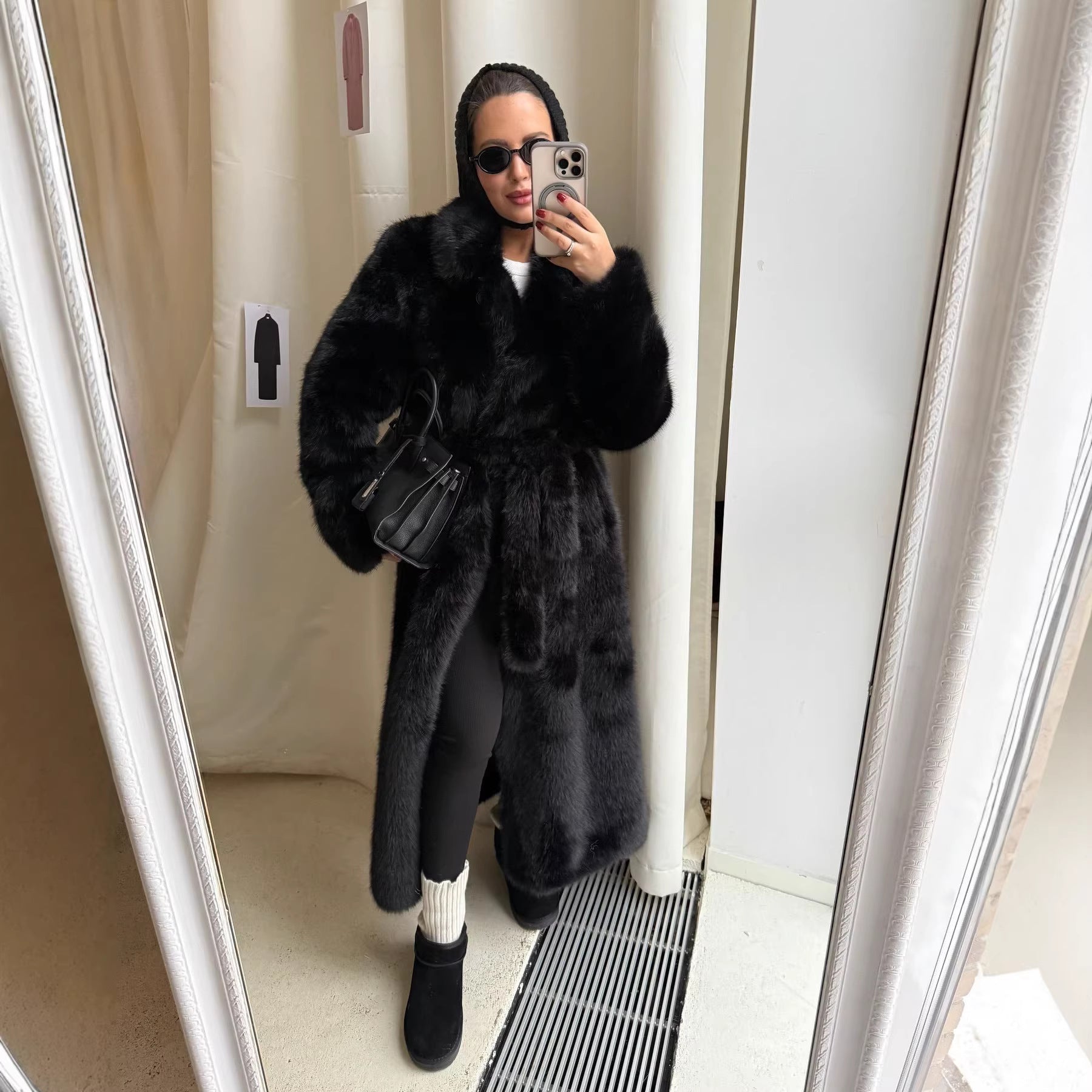 Women's elegant long pile faux fur coat with hood and tailored silhouette Chichicherry