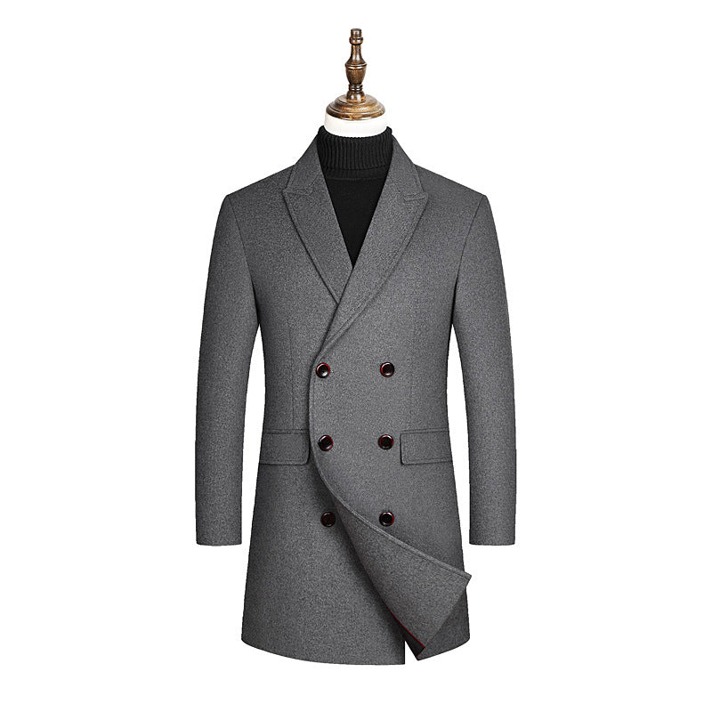 Men's Double-breasted tailored Wool blend coat with pinstripes and lapel collar Chichicherry