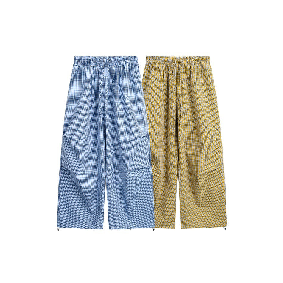 Women's wide cotton trousers with elastic waistband, check pattern and adjustable hem cord Chichicherry